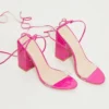 pink block heel ankle tie sandal