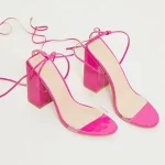 pink block heel ankle tie sandal