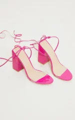 pink block heel ankle tie sandal